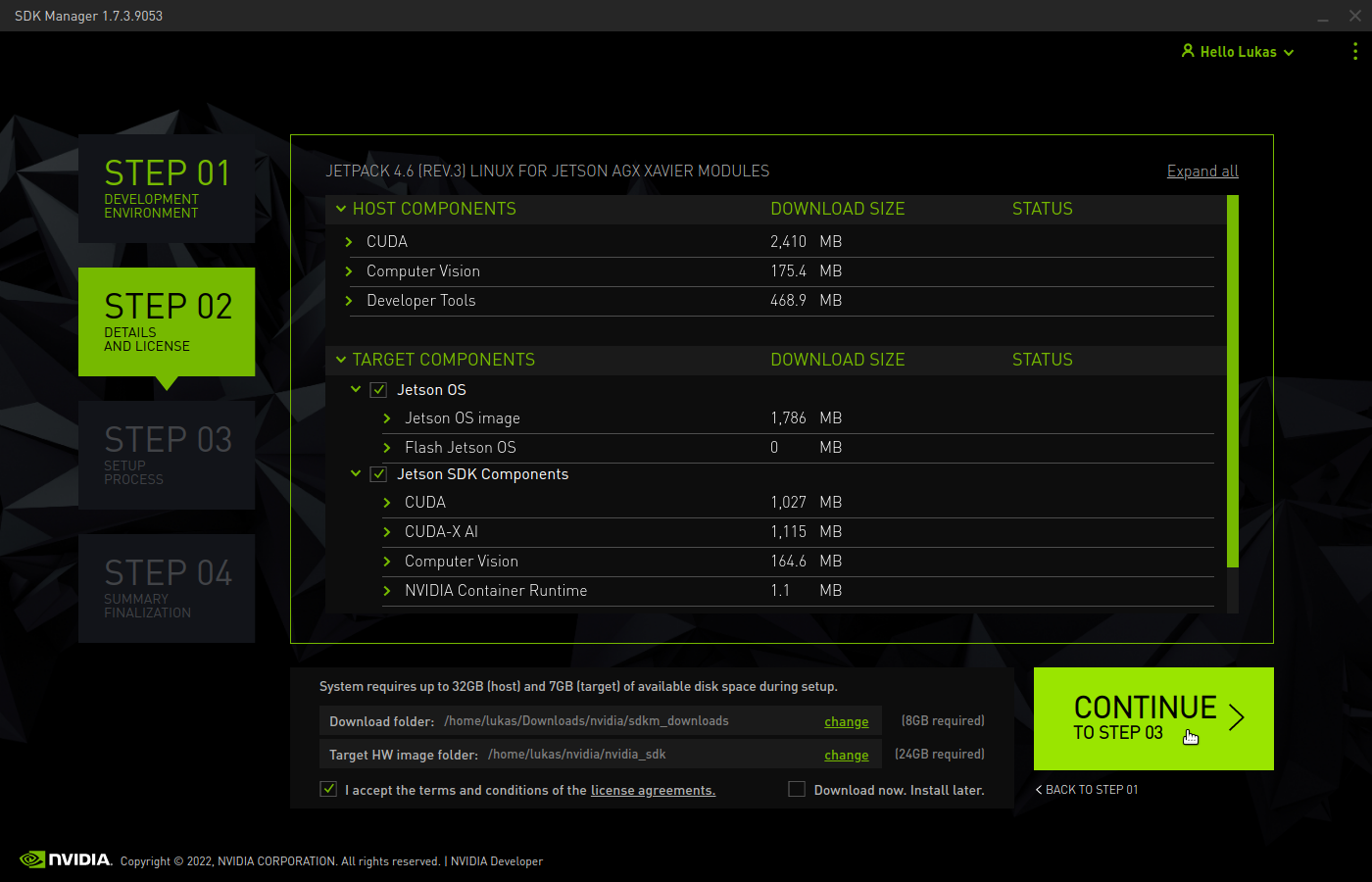 Nvidia SDK Manager Choose SDK Components