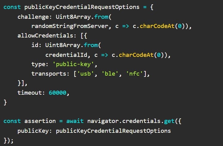 Codesnippet that shows API call to authenticate a user.
