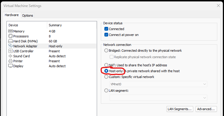 VM configuration (VMWare Workstation)