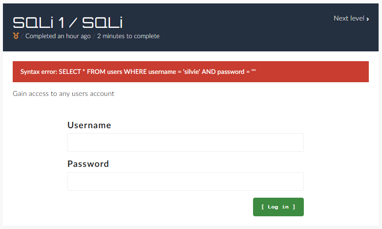 Screenshot of the SQLInjection challenge error page the failed execution as stated in the paragraph above