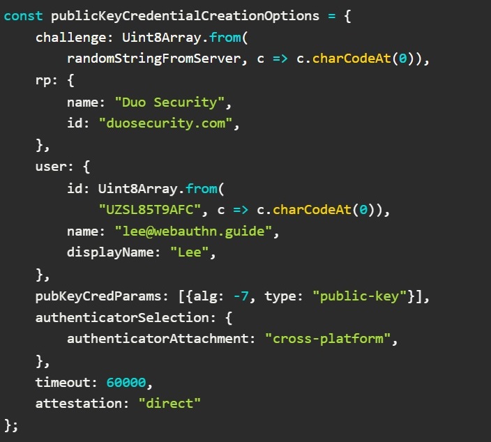 Codesnippet that shows API call to Create Credentials.