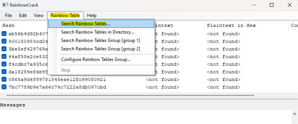 Insert the rainbow table