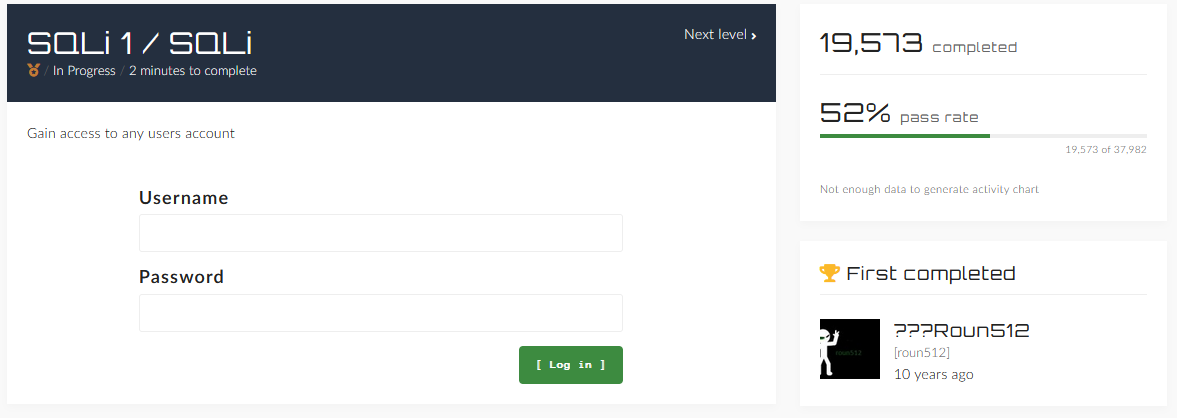 Screenshot of the SQLInjection challenge page showing username and password field